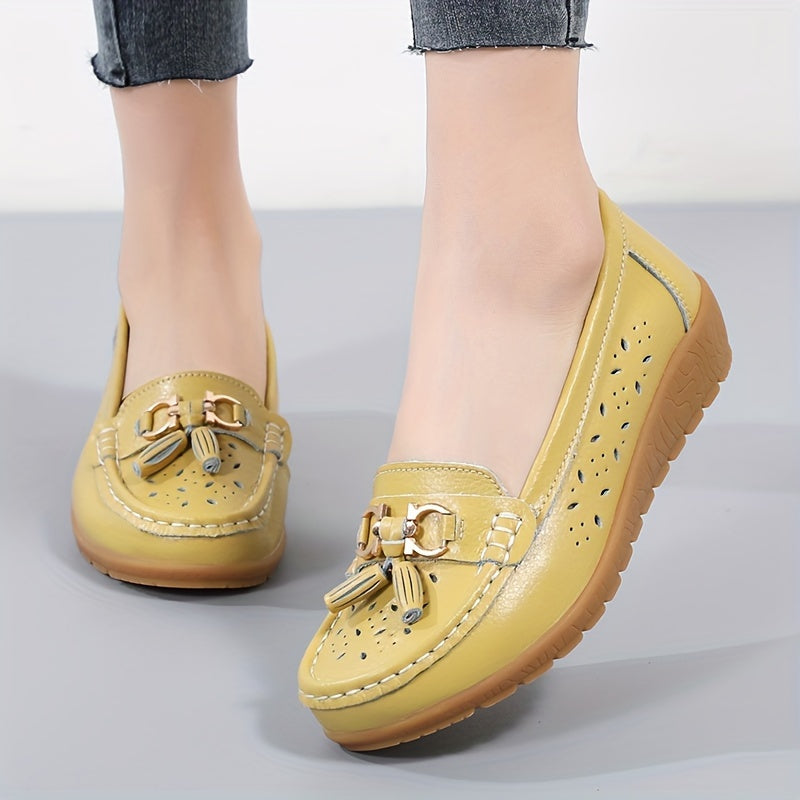 Women's Hollow Out Leather Loafers Flat Slip-On Shoes for Breathability