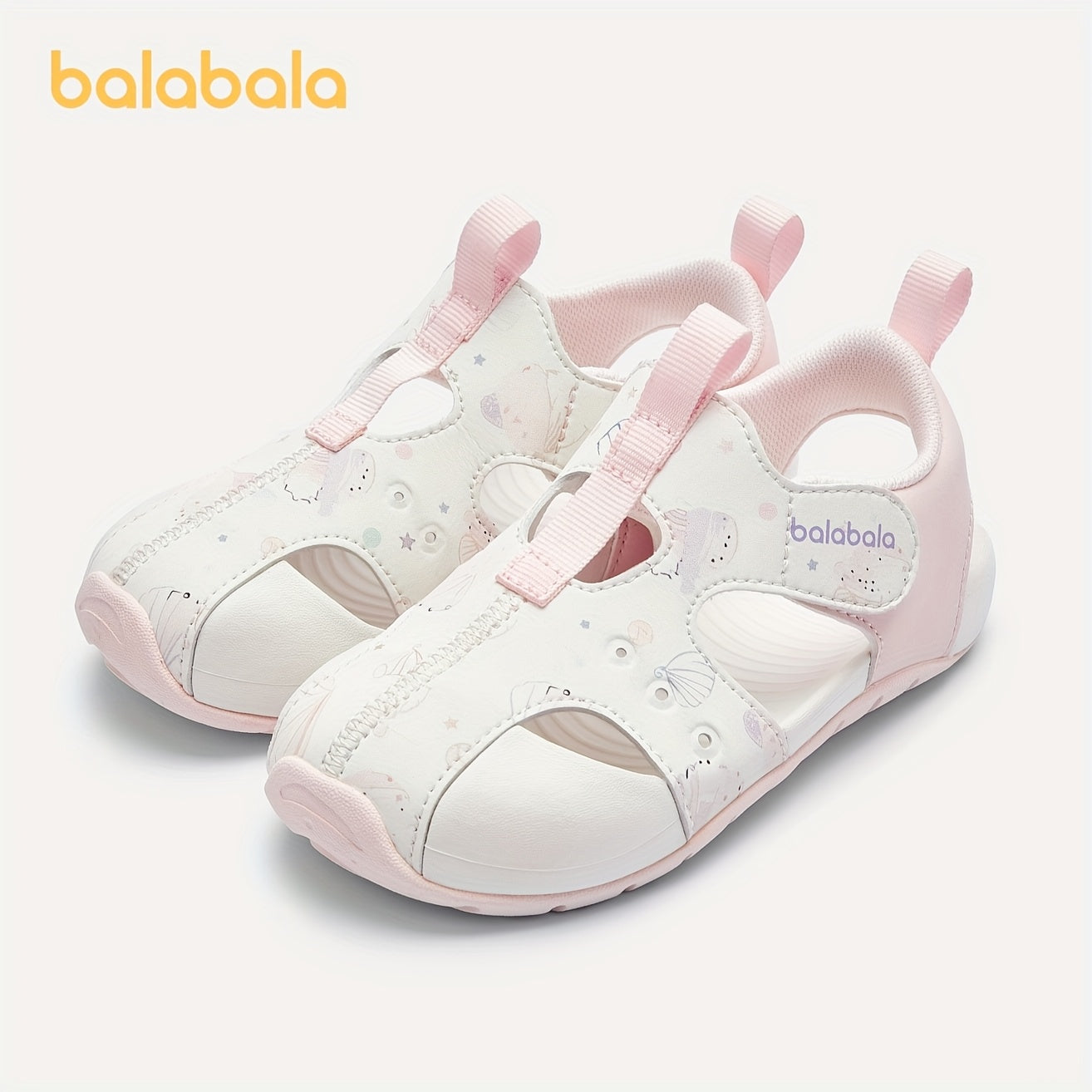 Girls Summer Sandals with Cartoon and Letter Print Lightweight Hook-and-Loop Closure Casual Beach Shoes