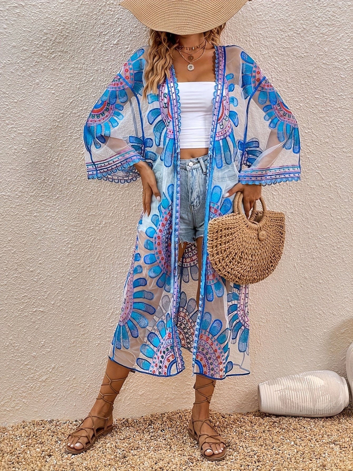 Women's Mesh Kimono Cover-Up with Floral Embroidery for Beach and Resort Wear