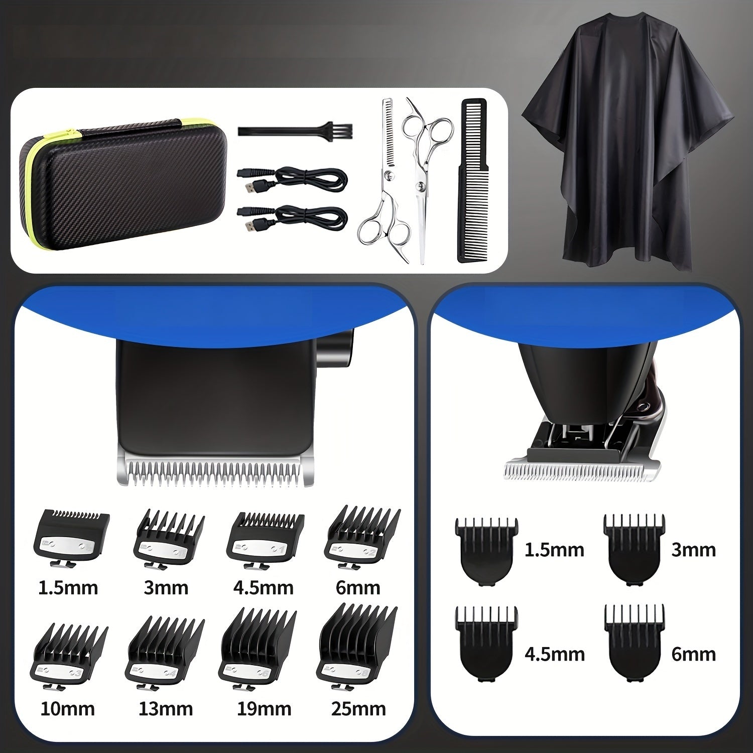 Cordless hair clipper and trimmer set with USB rechargeable Lithium battery for perfect cuts