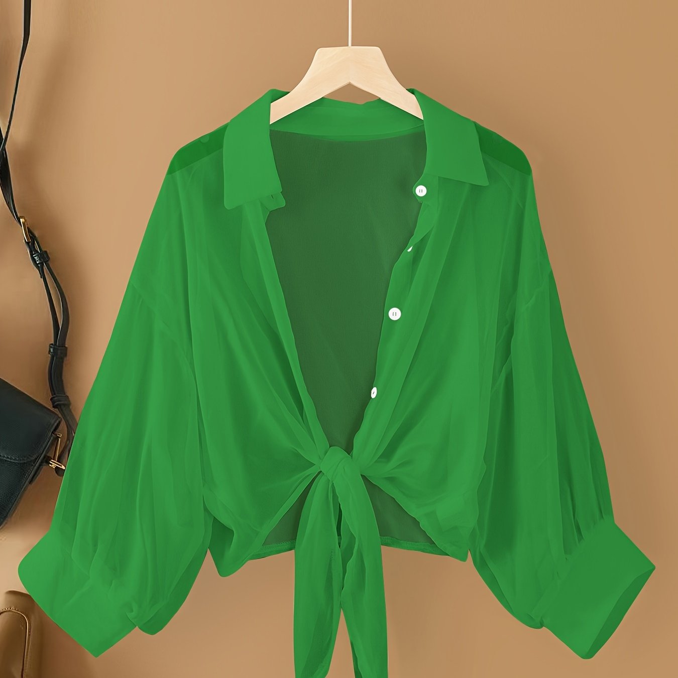 Women's Woven Chiffon Cardigan with Front Bow, Lapel Collar, Solid Color, Spring Summer Fall Casual