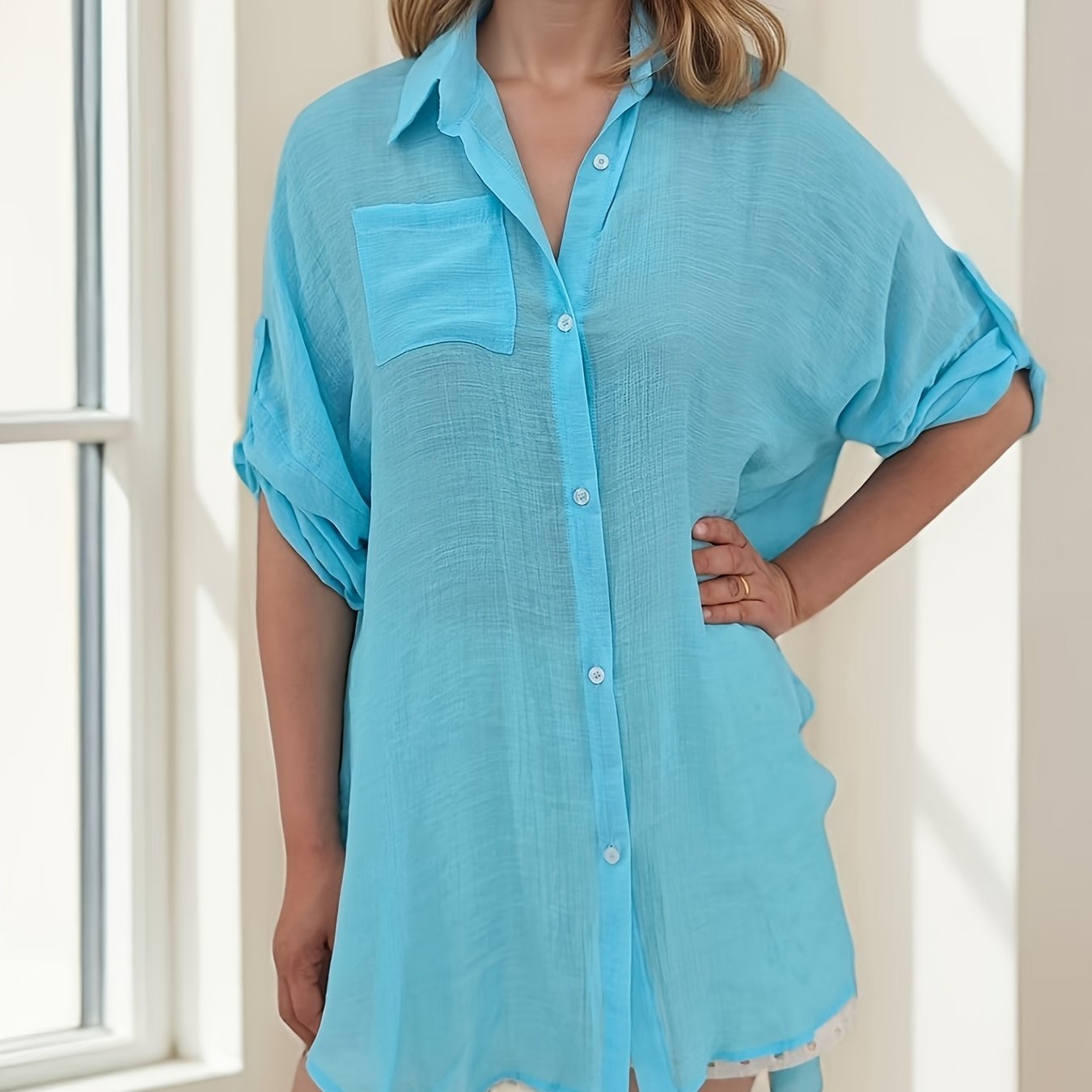 Women's Plus Size V-Neck Long Sleeve Sun Protective Beach Cover-Up