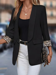 Women's Plus Size Black Blazer with Leopard Print Trim Long Sleeve Open Front Polyester Workwear Jacket