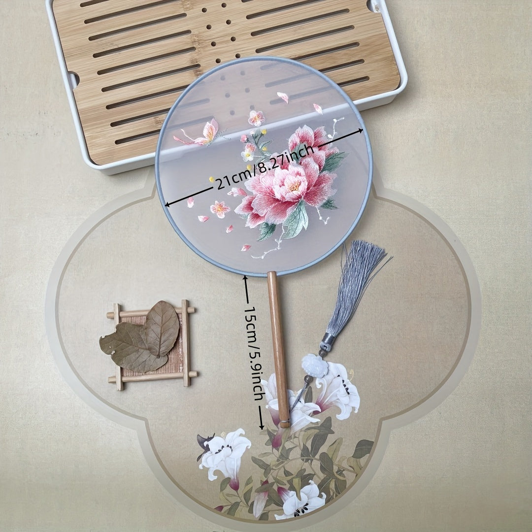 Silk Embroidered Fan with Tassel Flower for Home Travel School Office