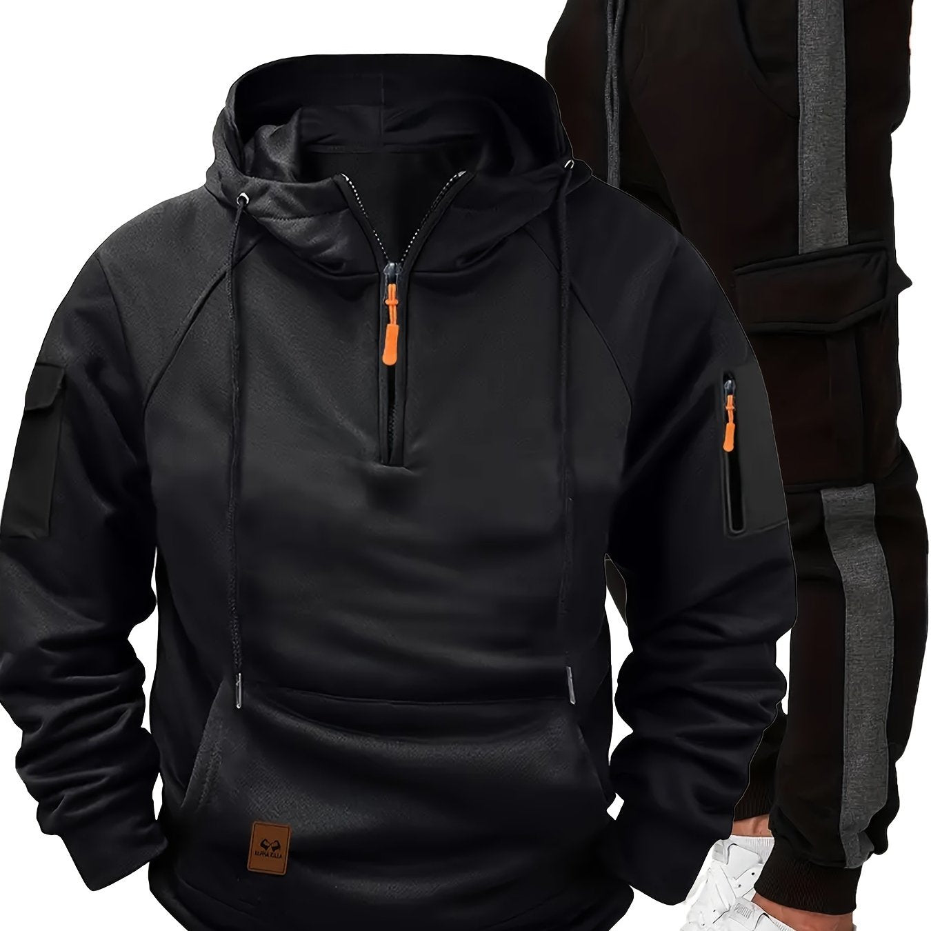 Erkaklar kuz/qish tasodifiy sport kiyimlari to'plami: Kapüşonli fermuarlı kurtka va tortma belli sport shimlari, polyester, tashqi faoliyatlar uchun odatdagi moslik.