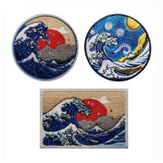 Set of 3 Ukiyo-e Embroidered Stickers for Men Wave Design Clothing Accessories