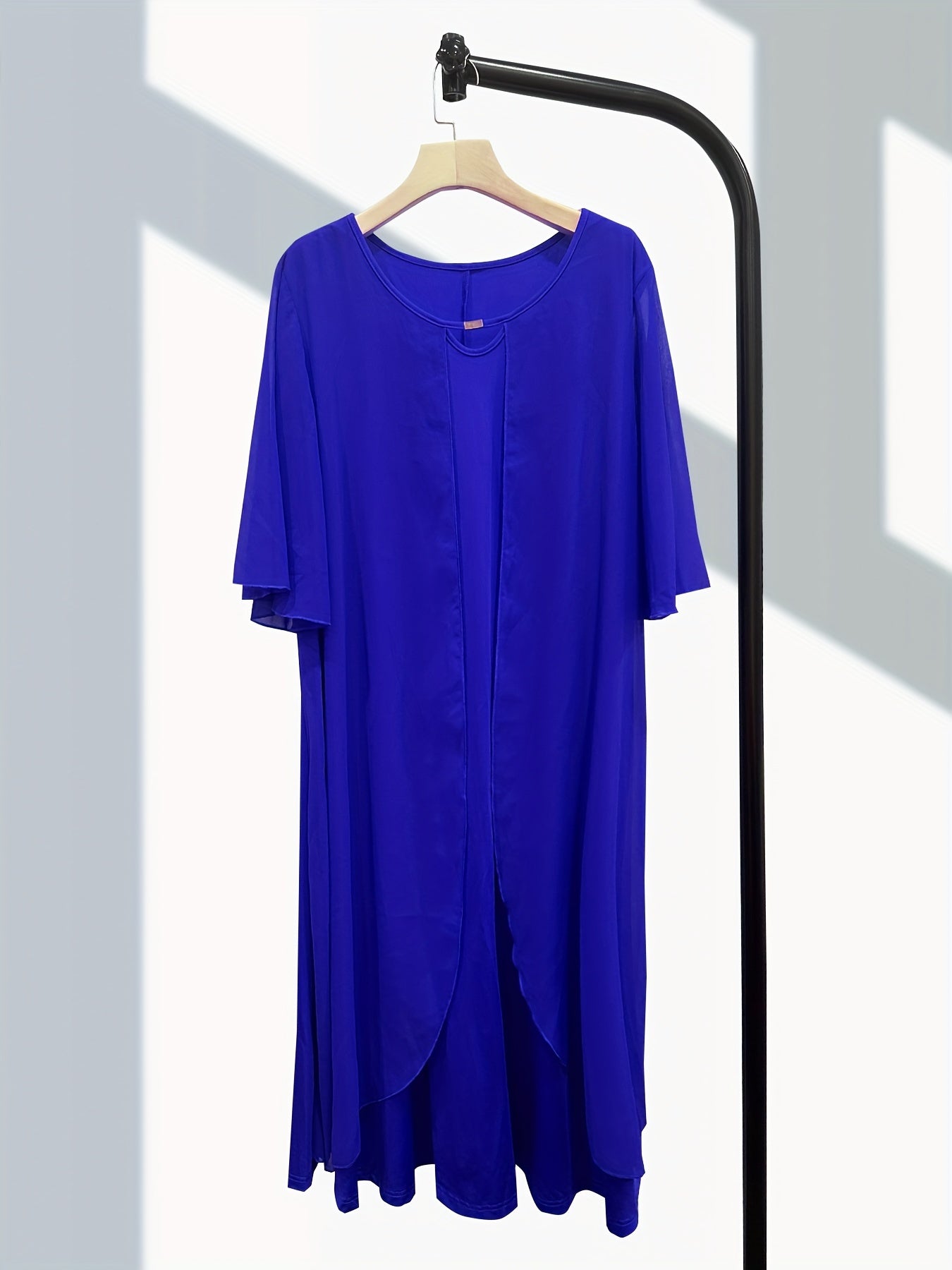 Red Chiffon Dress for Women with Round Neck Half Sleeves Flowy A-Line Keyhole Summer Spring Fall