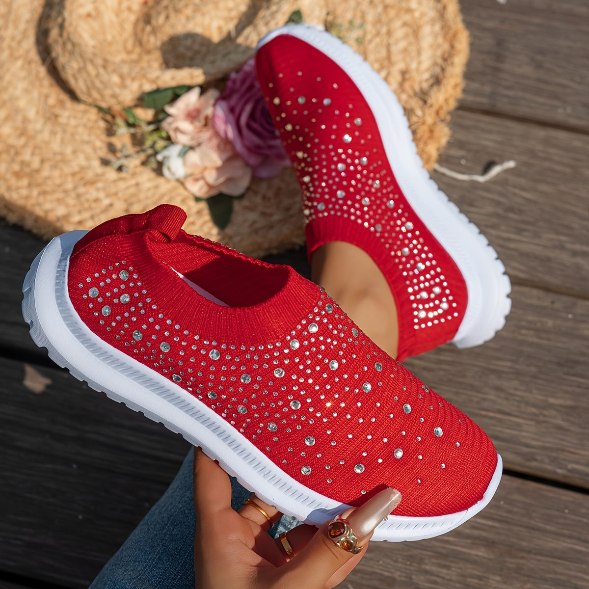 Women's Breathable Slip-On Casual Sneakers with Sparkling Crystal Accents