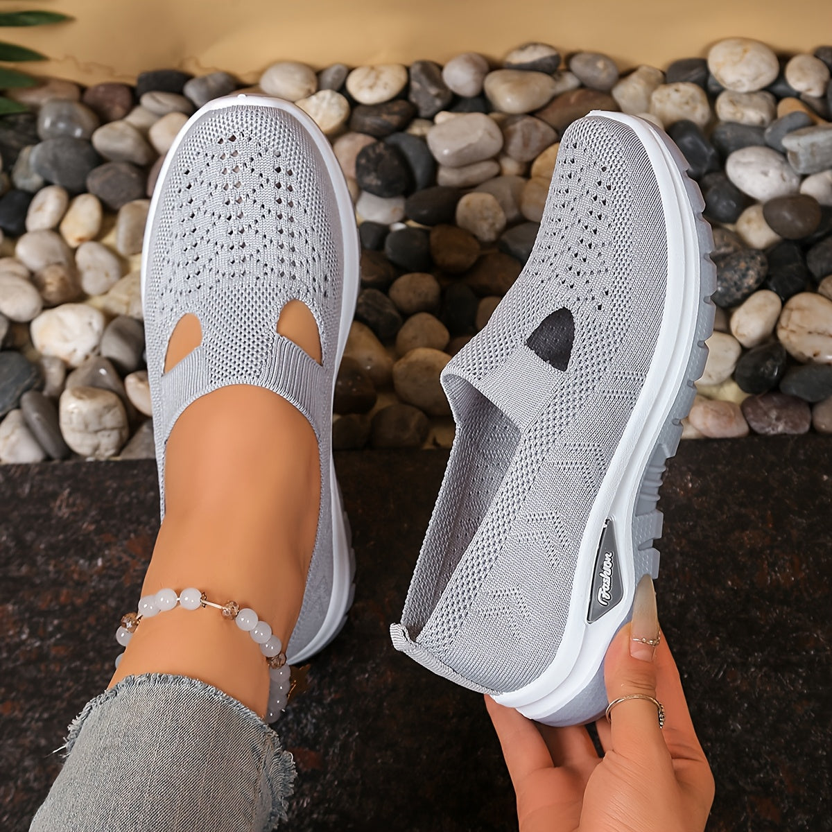 Women's Knit Slip-On Sneakers Breathable Mesh Cushioned Sole Black