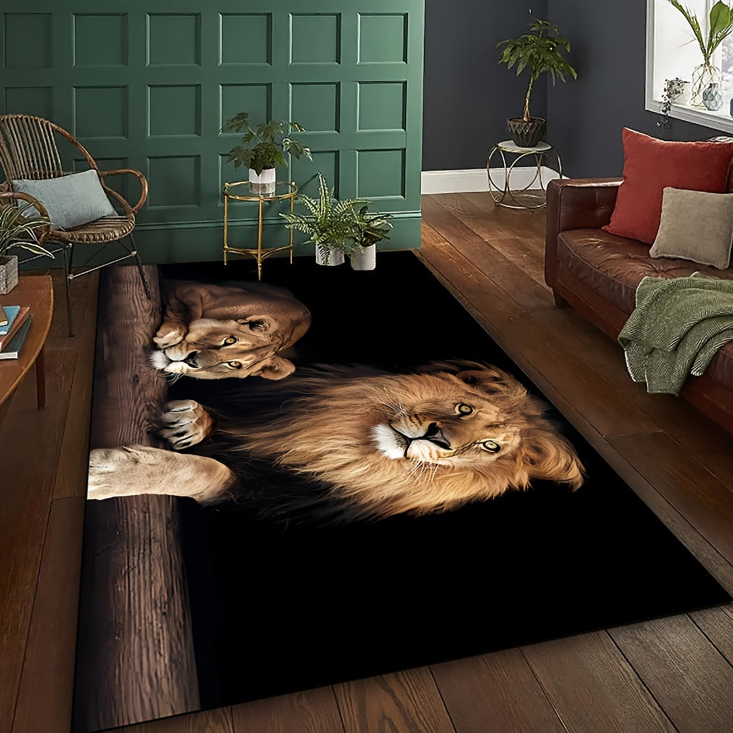 Luxurious Crystal Velvet Area Mat with Double Lion Design, Anti-Slip, Machine Washable