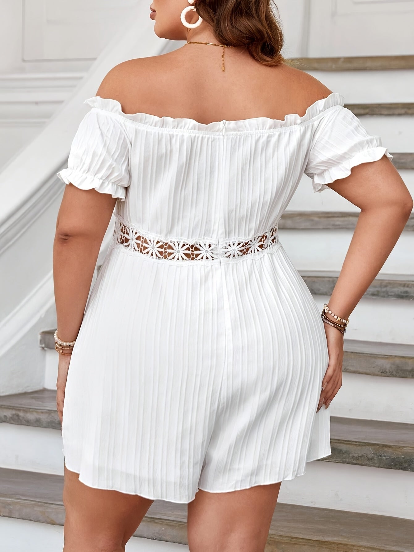 Plus Size Women's Lace Trim Ruffled Off-Shoulder Jumpsuit Casual Summer All-Season