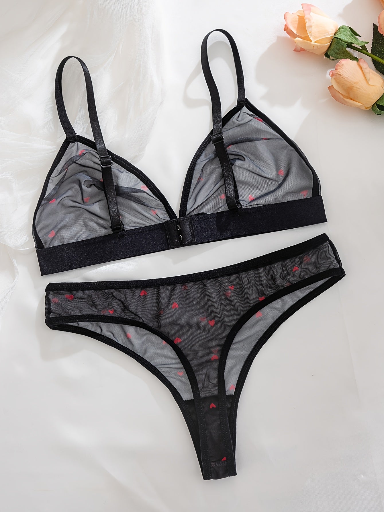 Black and Red Heart Mesh Lingerie Set Sheer Back Bra and Low-Rise Thong