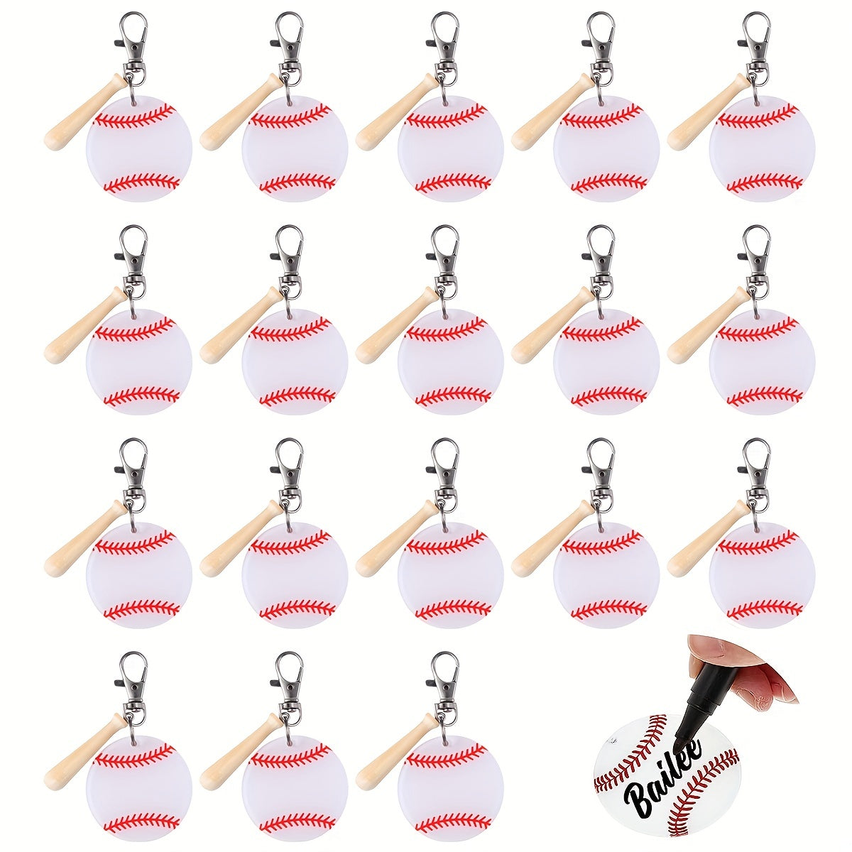 Juego de 18 llaveros de acrílico de béisbol y softbol con bate de madera en miniatura para favores deportivos