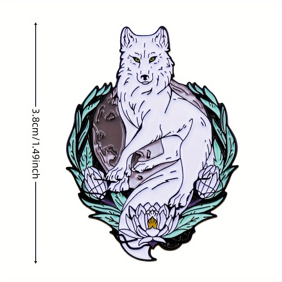 White Wolf and Lotus Flower Brooch Pin Alloy Vintage-Inspired Animal Floral Accessory