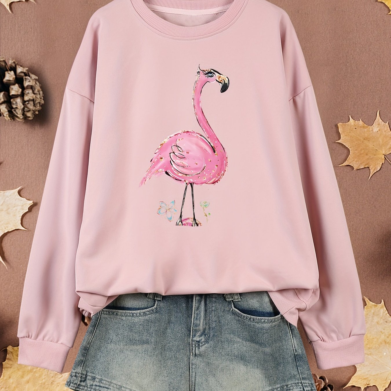 Women's Plus Size Flamingo Print Pullover Sweatshirt Long Sleeve Fall Spring