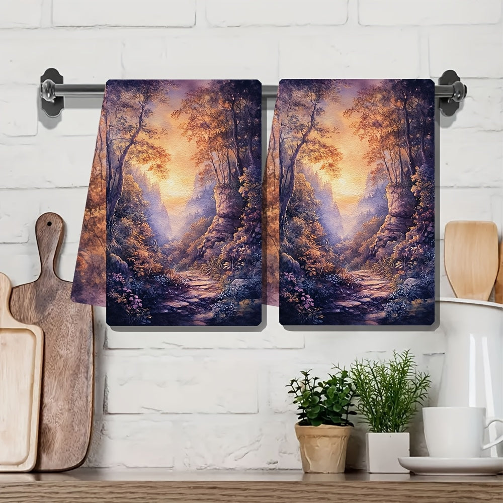 2 ta Ultra Soft Oshxona Sochiqlari to'plami, Sehrli O'rmon Tongi Sahnasi bilan, Super O'zlashtiruvchi va Oson Tozalash uchun Idish Qo'lsochiqlari, 40.64x60.96 sm, Uy uchun Go'zal Tabiatga Ilhomlangan Dekor, Idishlarni quritish uchun mukammal
