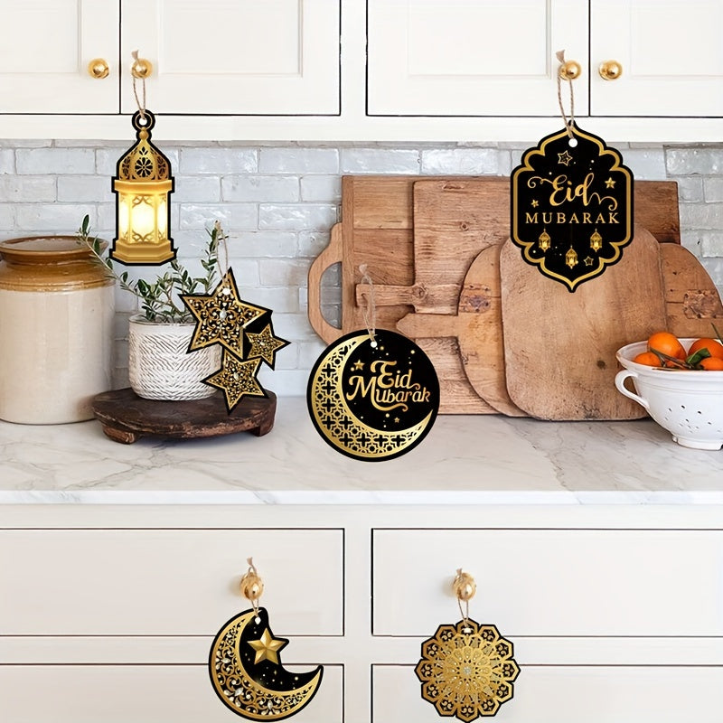 14/10pcs Eid Mubarak Paper Hanging Ornaments with 5m Hemp Rope for Ramadan Party Decorations