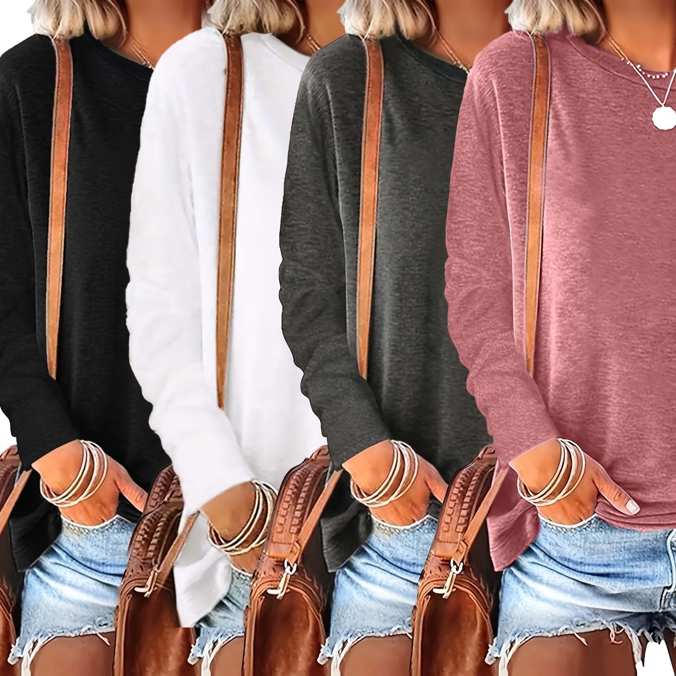 Women's Solid Color Round Neck Long Sleeve Casual Tops for Spring and Autumn
