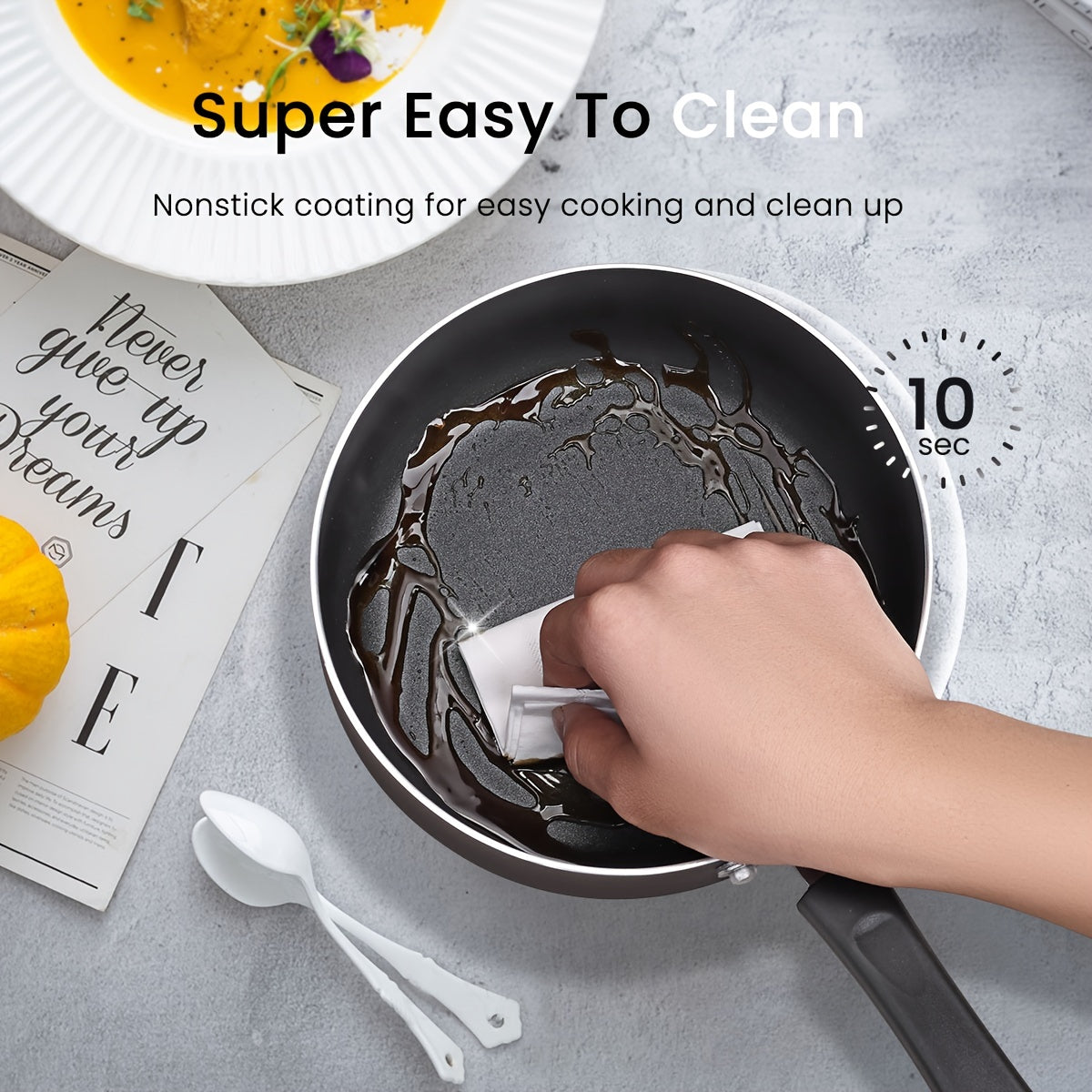 Ikkita yopiq nonstick sous qozonlar to'plami, 1 kvart va 2 kvart o'lchamlarini o'z ichiga oladi. Sovuq tutqichlar, induksiya mosligi va PFOA-siz qoplama xususiyatlariga ega. Oshxonada pishirish qozonlari uchun ideal.