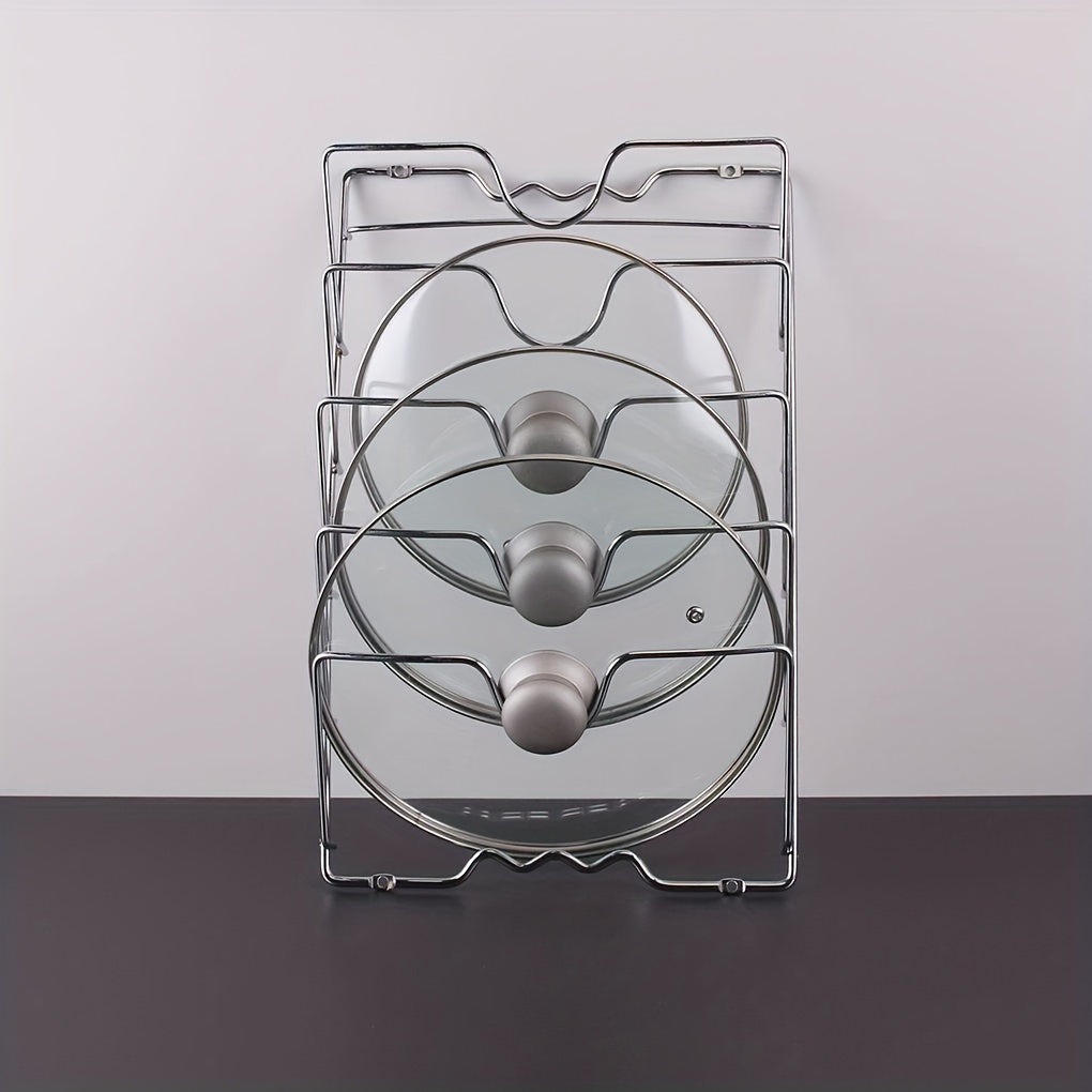 Soporte para tapas de metal montado en la pared con múltiples capas para almacenamiento en la cocina