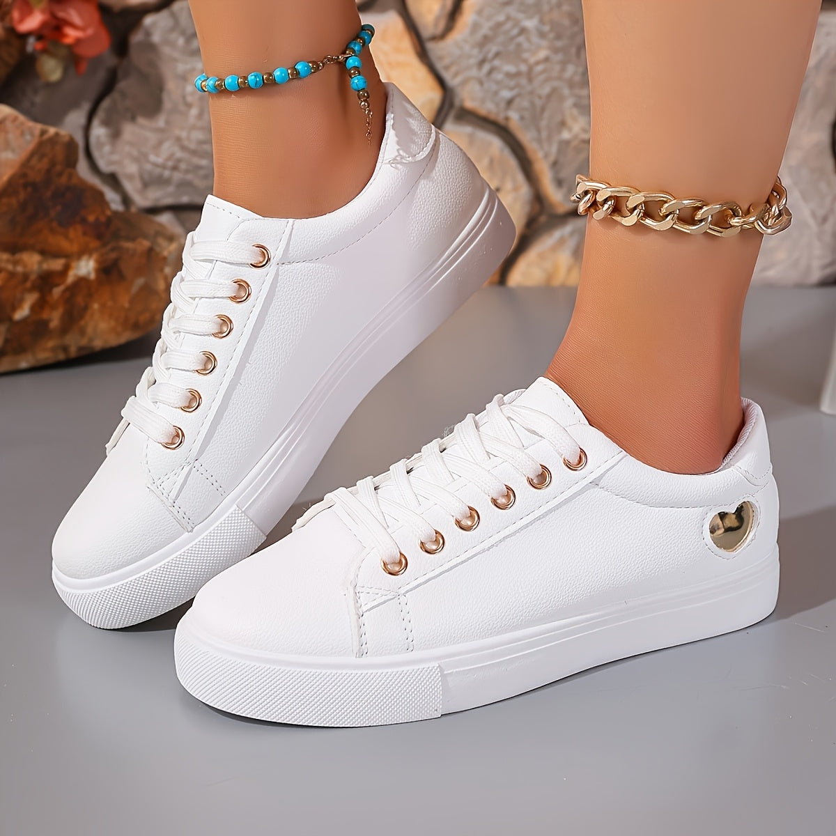 Women's Casual White Synthetic Sneakers with Rose Gold Accents