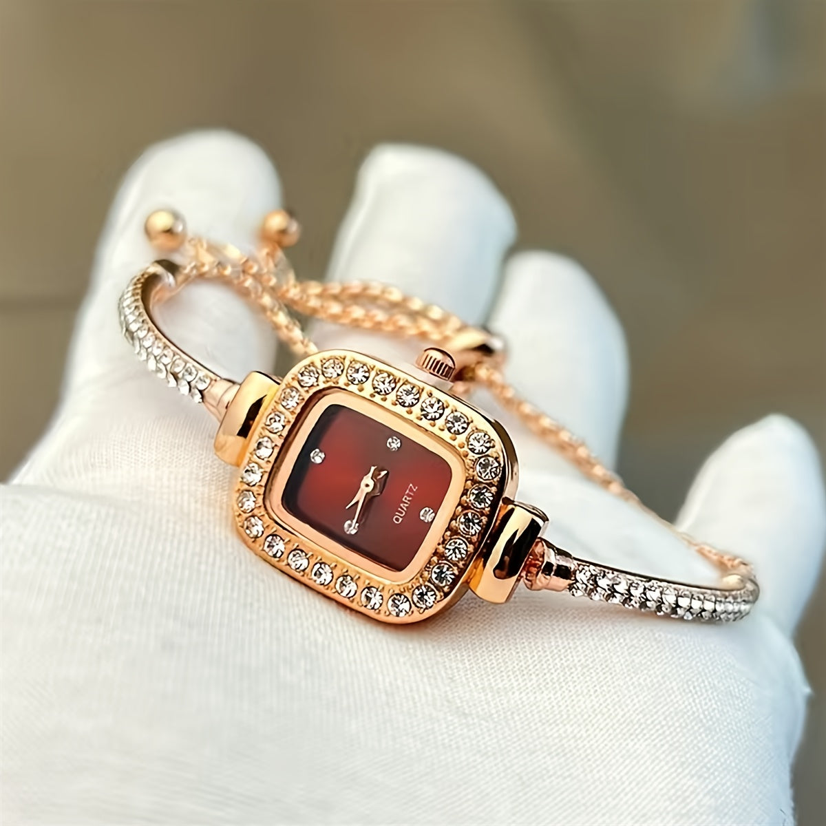 Women's Rhinestone Quartz Watch Square Dial Shiny Bracelet Wristband