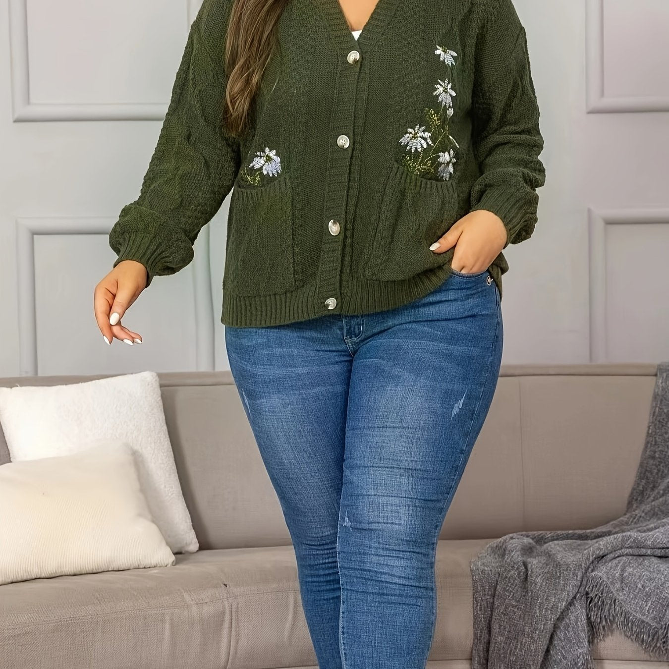 Plus o'lchamli gul naqshli trikotaj kardigan ayollar uchun uzun sleeve kuz qish oddiy