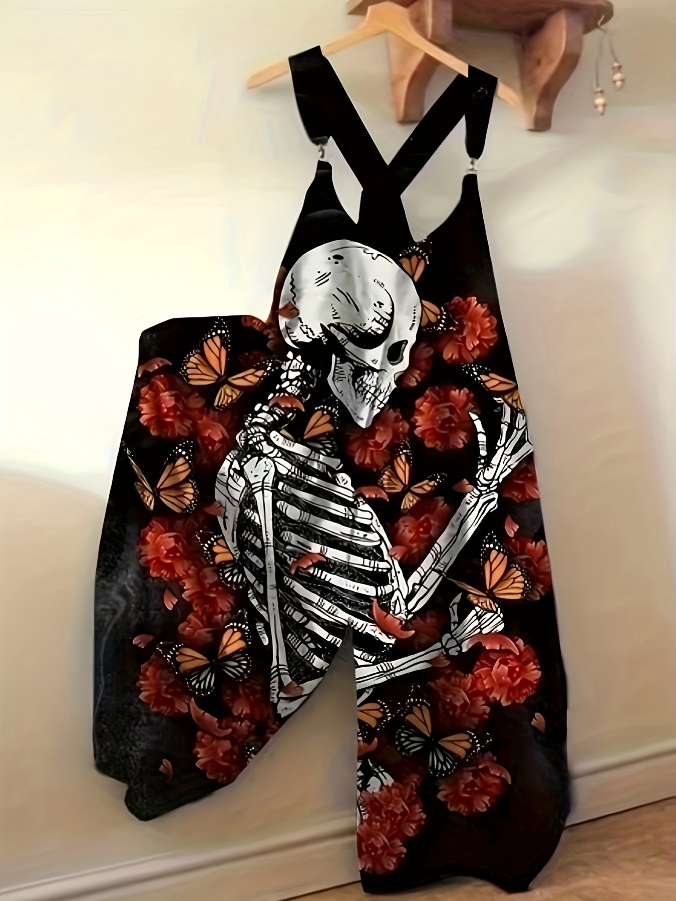 Plus Size Sleeveless Jumpsuit Floral Skull Print Wide Leg Casual Women