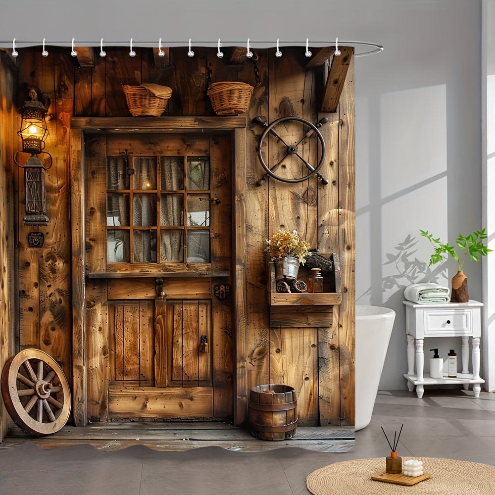 Farmhouse Style Shower Curtain Woven Polyester Vintage Wooden Wheel Lantern Design Includes Hooks