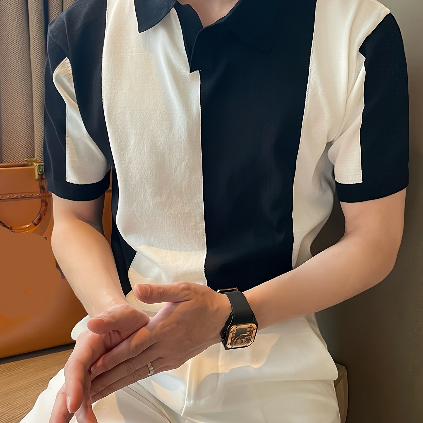 Men's Color Block Short Sleeve Lapel Golf Shirt Summer Rayon High Stretch Casual Regular Fit