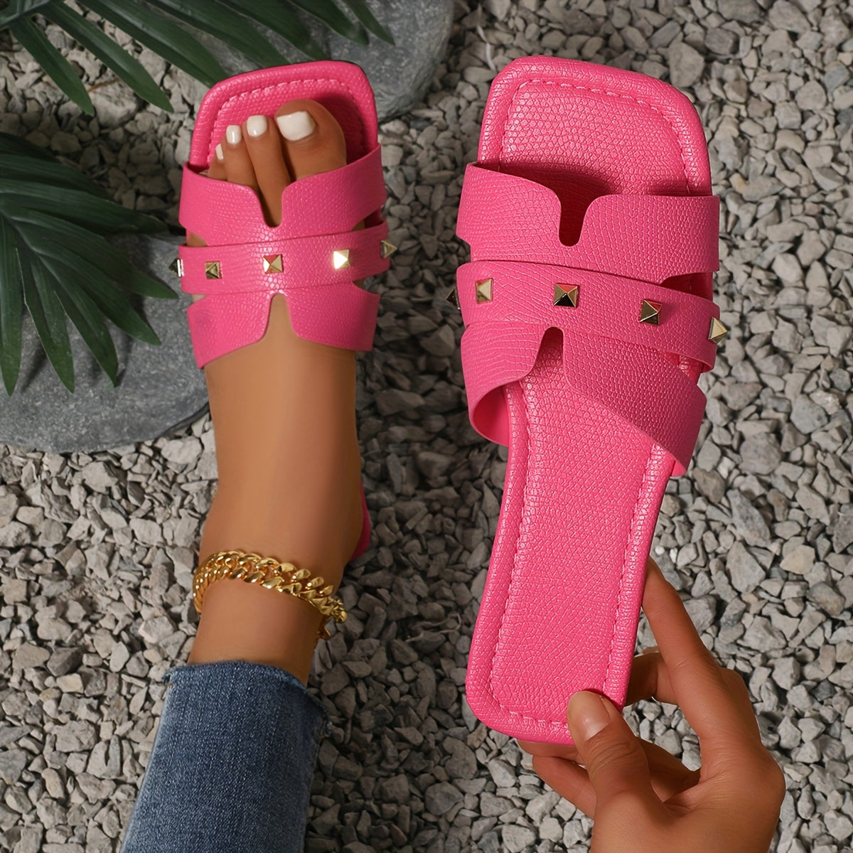 Women's Flat Sandals Solid Color PU Open Toe Slip-On Casual Shoes