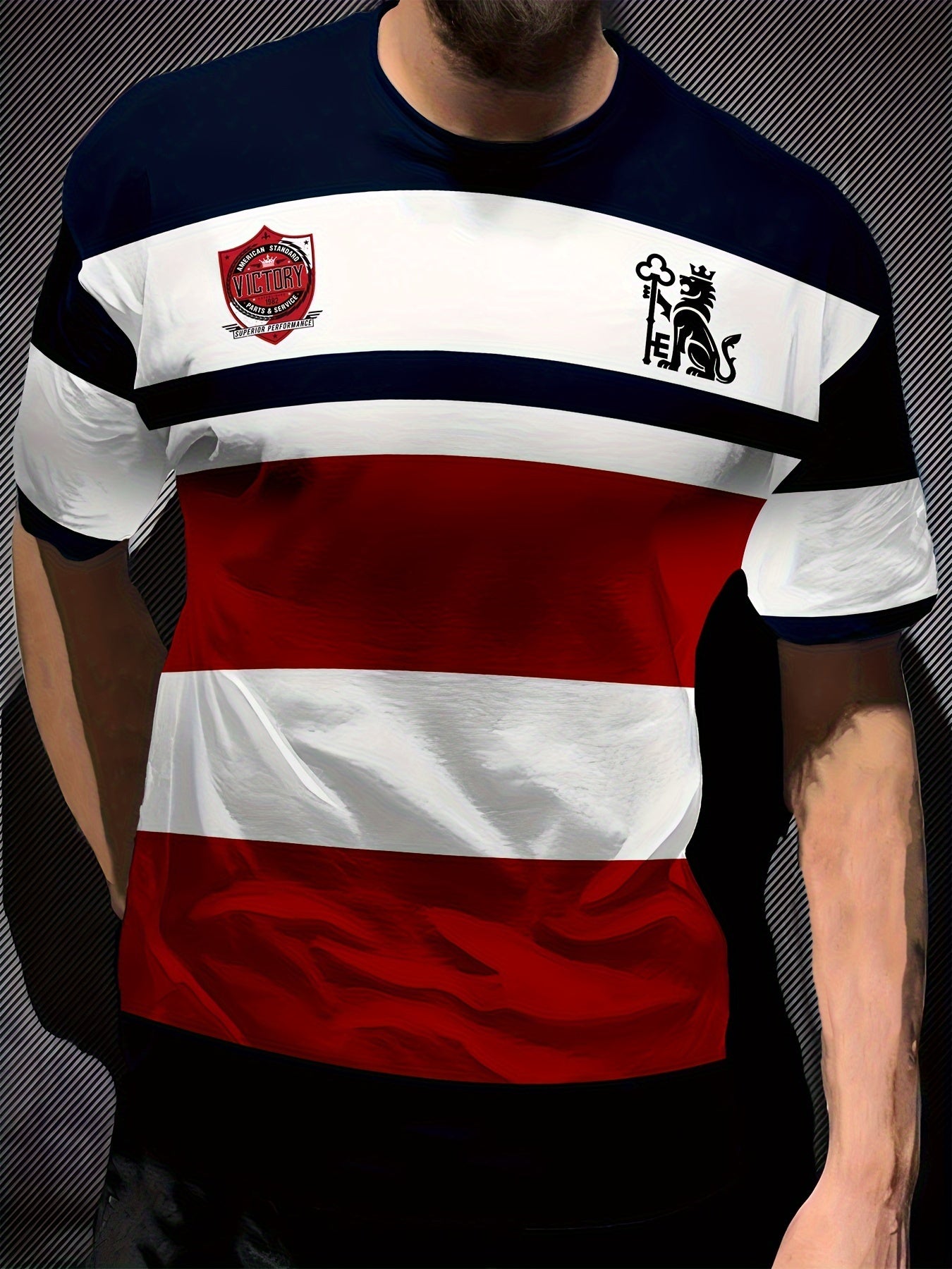 Camiseta de manga corta para hombre de poliéster con estampado a rayas y ligera elasticidad para verano