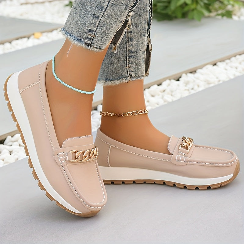 Women's Solid Color Loafers Slip-On Casual Flats with Metal Buckle