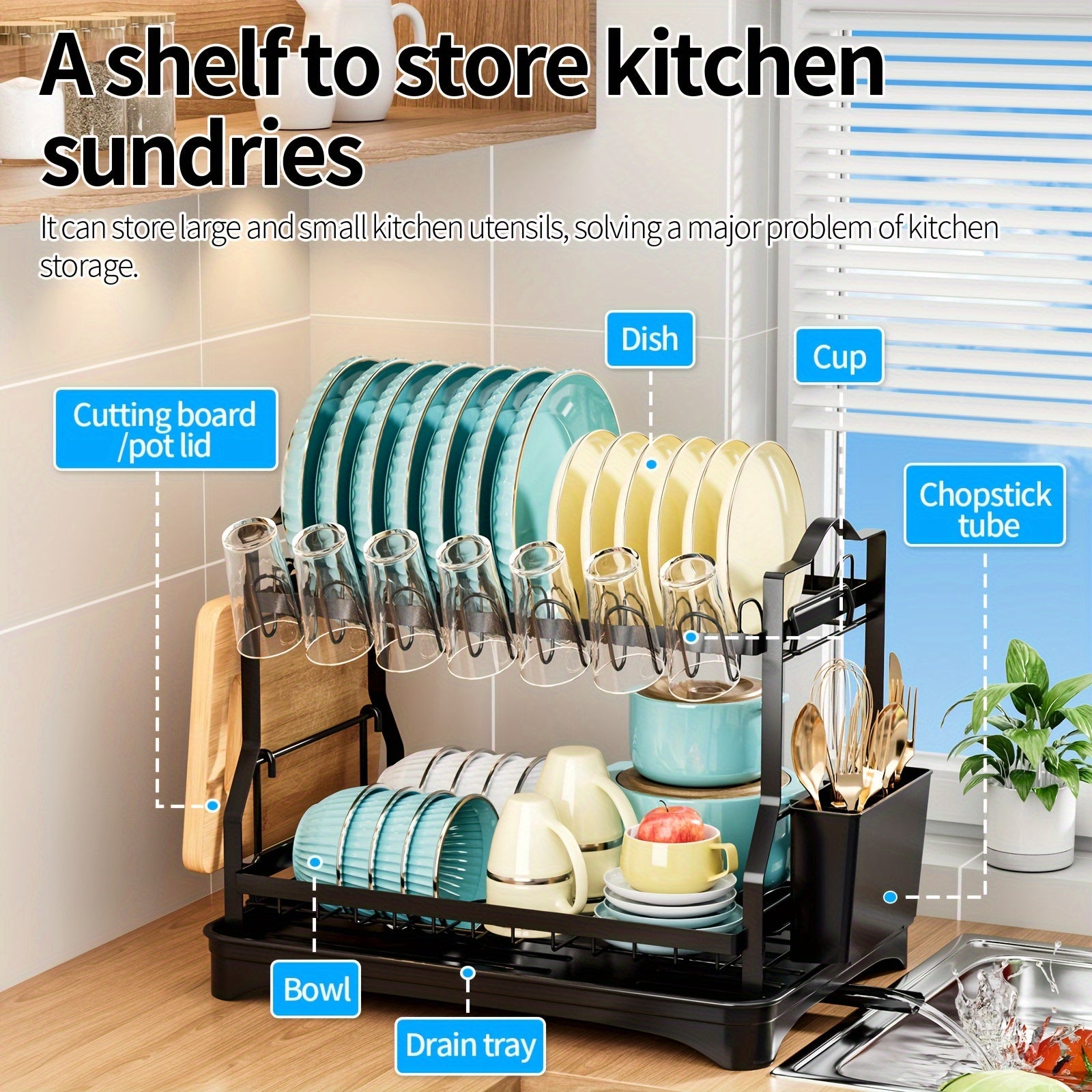 2-Tier Kitchen Organizer Rack with Drain Pan Space-Saving Dish and Utensil Storage