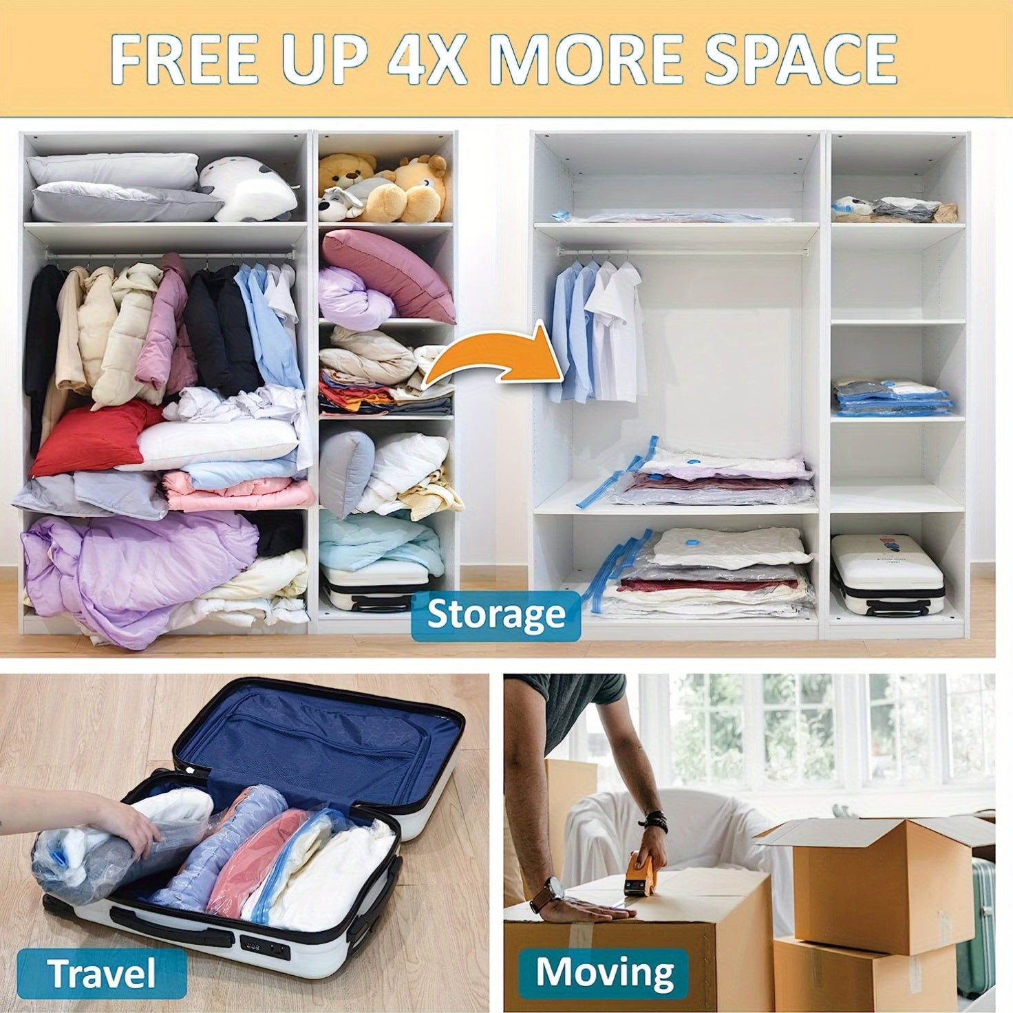 Гигантские вакуумные мешки для хранения одежды и постельных принадлежностей герметичные, влагостойкие, экономящие место