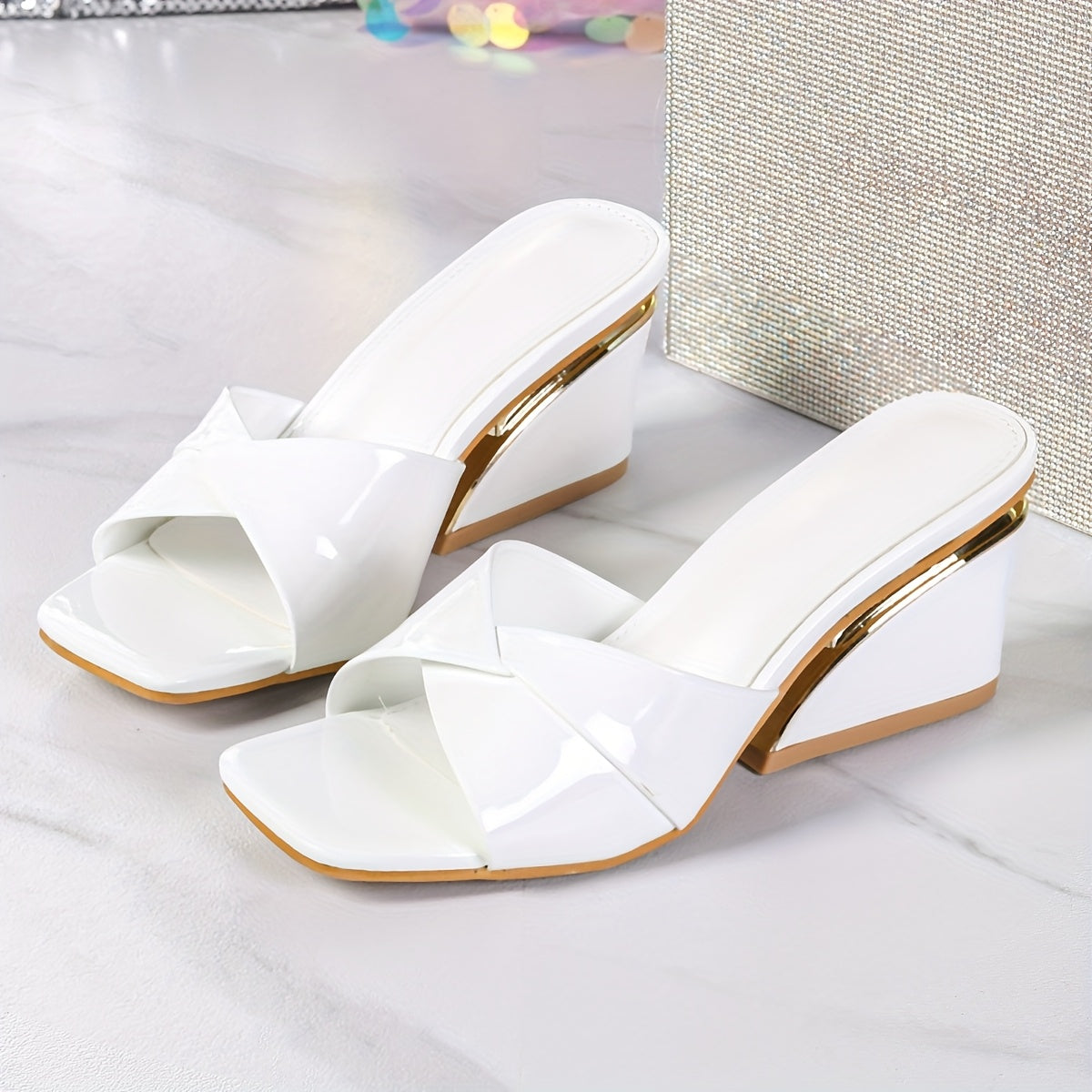 Women's Summer Chunky Wedge Heel Sandals - Square Toe Peep-Toe Gold Accents