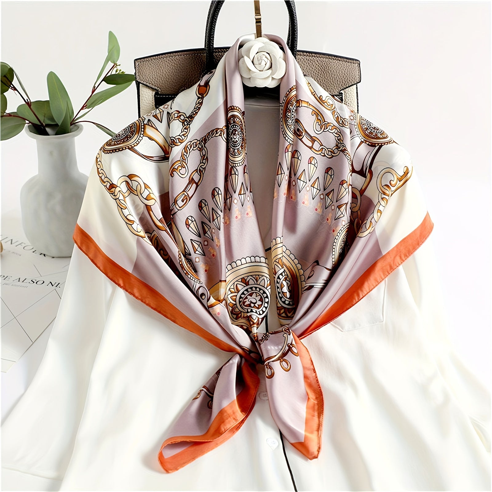 89.99cm Satin Square Scarf with Multicolor Prints Summer Sunscreen Shawl Windproof Head Wrap