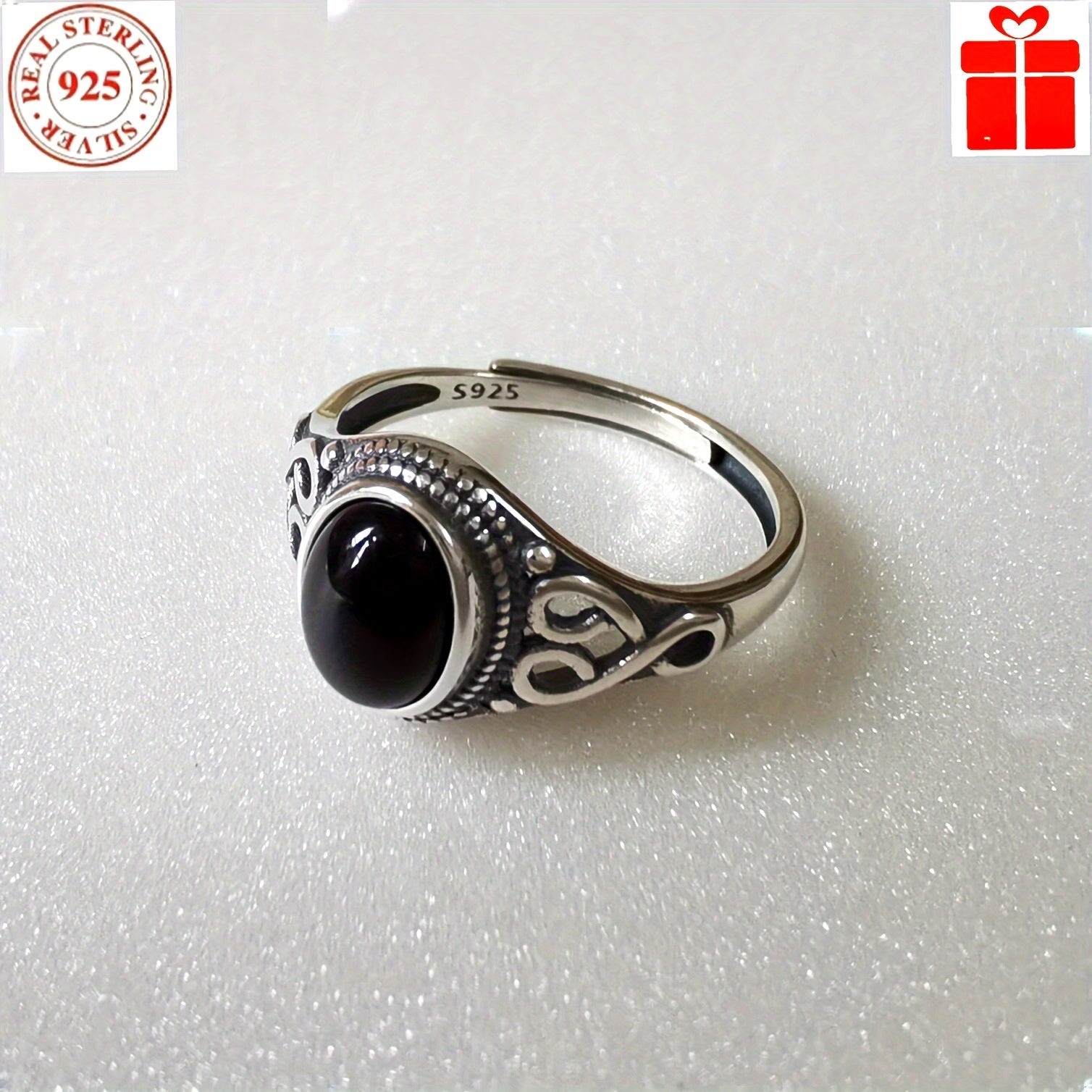 Sterling Silver Vintage Black Onyx Ring for Women Fashion Jewelry All-Season
