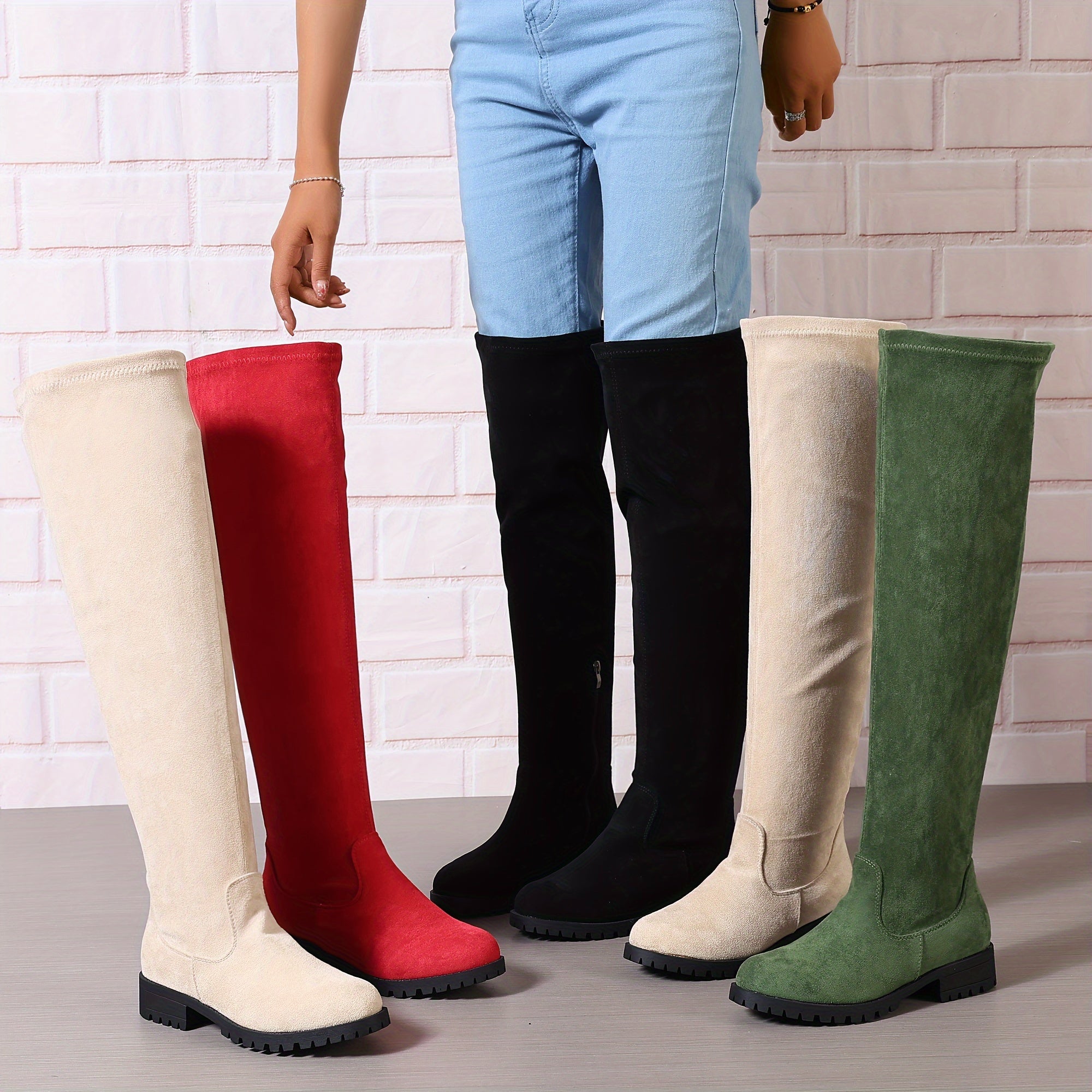 Women's Solid Color Chunky Heel Over The Knee Boots With Side Zipper