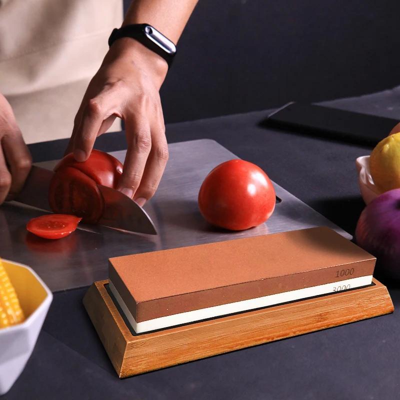 Набор для заточки кухонных ножей из 3 предметов с точильным камнем и деревянной подставкой