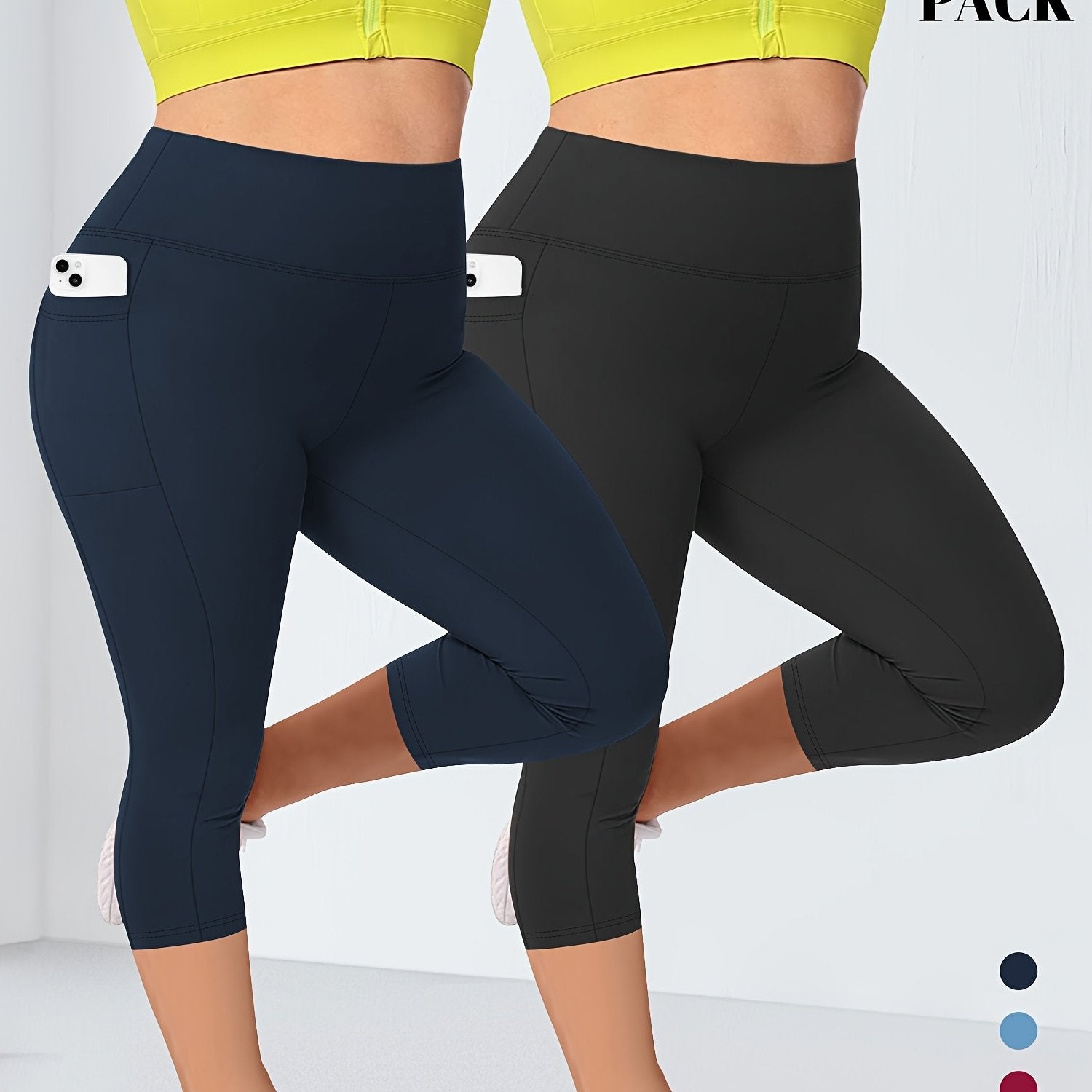 Plus Size Women's High-Waist Leggings 2-Pack with Pockets Stretchy Blue Black