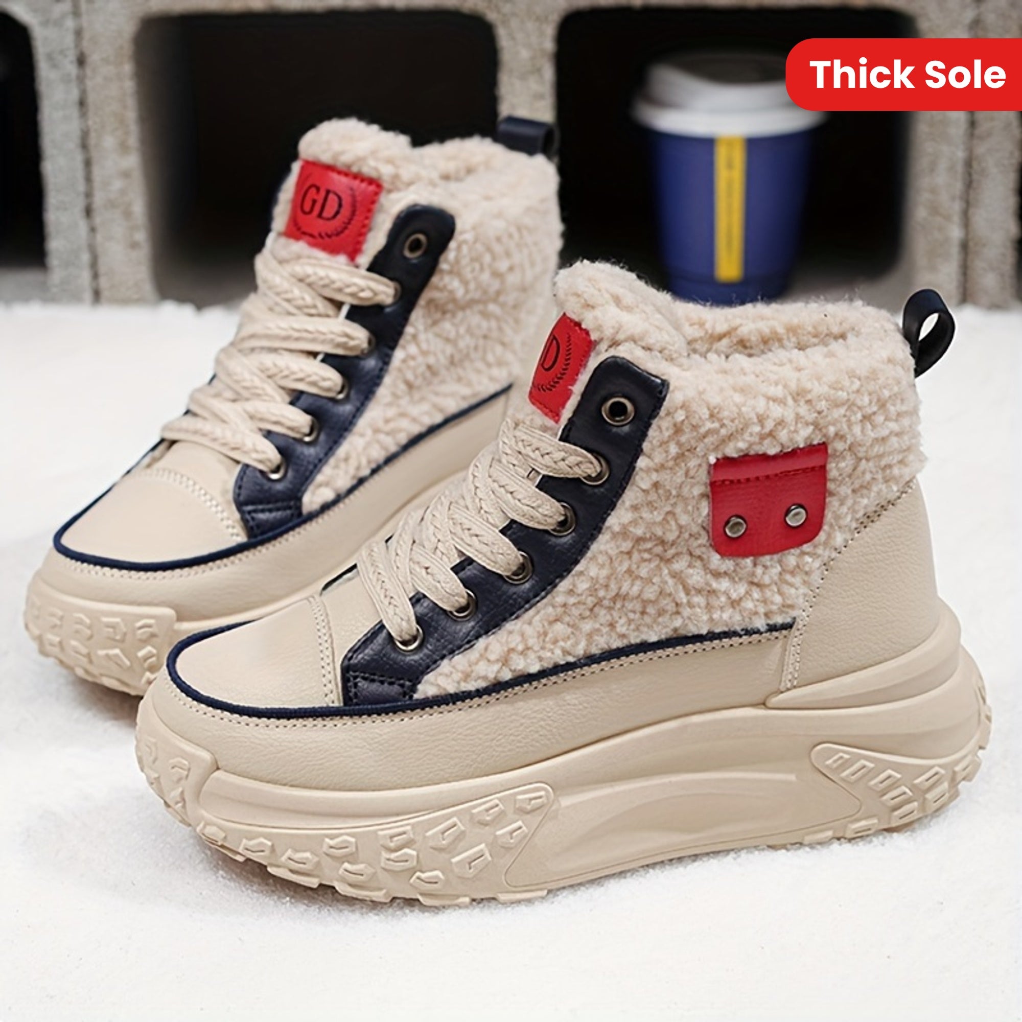 Ayollar uchun plüsh bilan qoplangan qishki qorli botinkalar, yuqori bo'yinli, sirpanishga qarshi rezina taglik