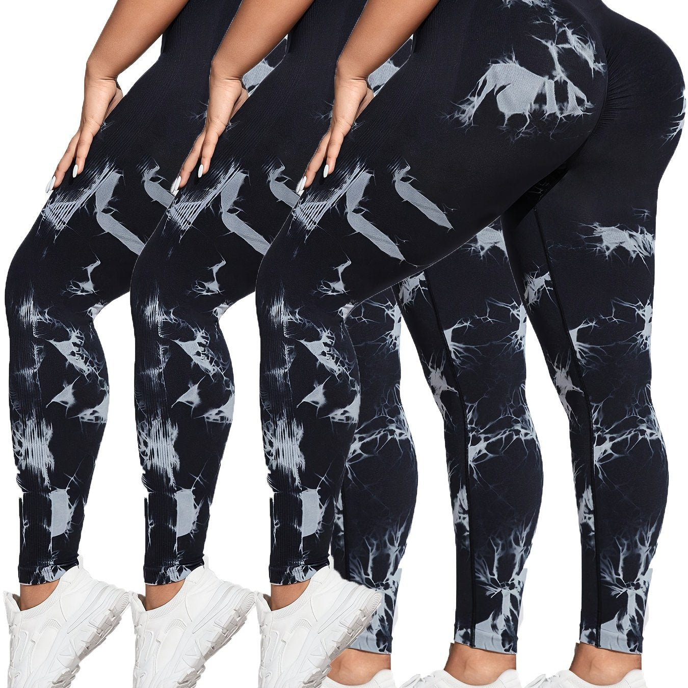 Plus Size Women Seamless Quick-Dry Tie-Dye High Waist Yoga Leggings 3 Pack