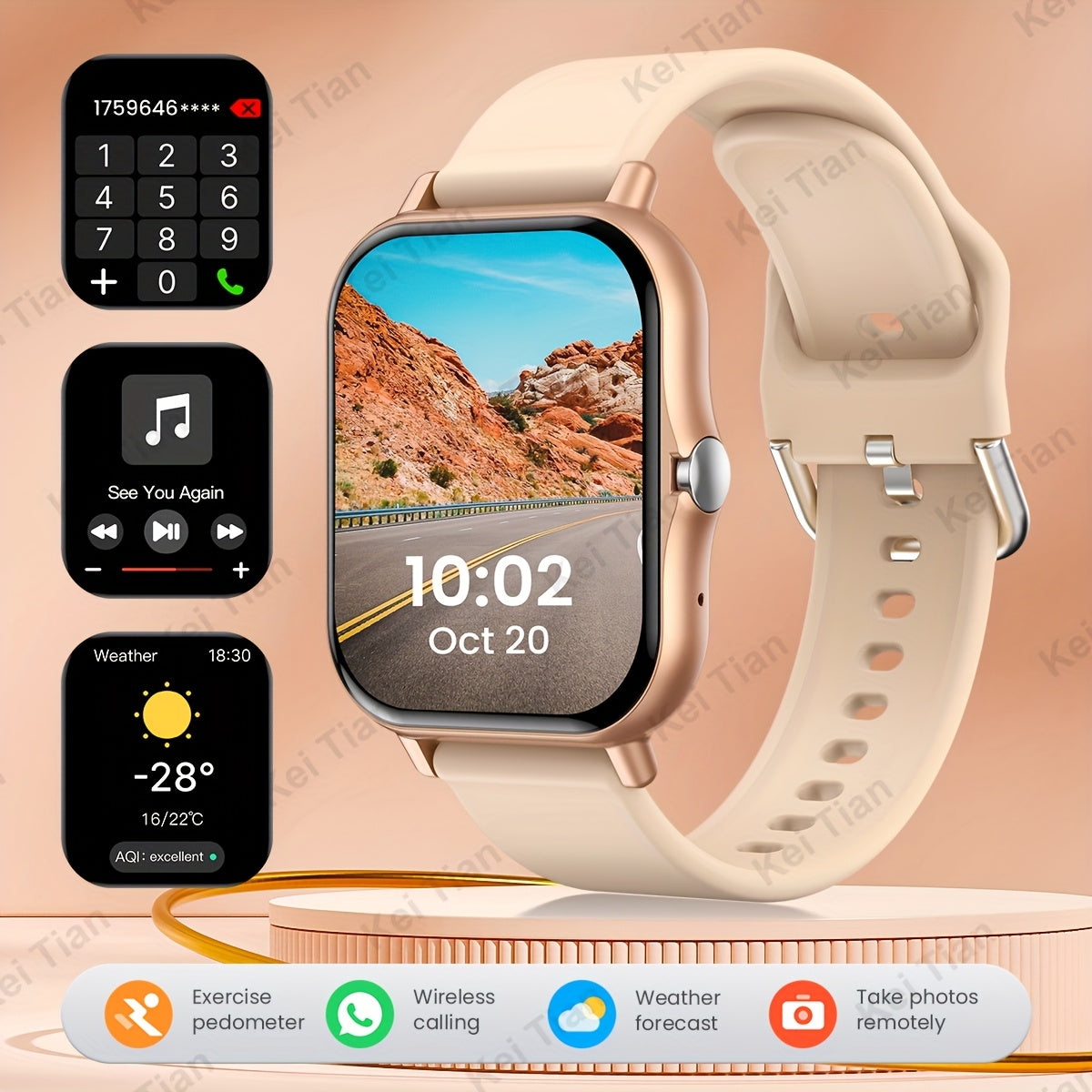 Smartwatch 4.65cm Touch Screen Multi-Sport Tracking Wireless 5.0 Beige Strap