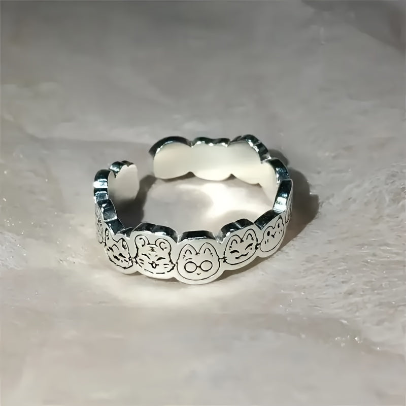 Anillo grabado de dibujos animados ajustable para mujeres y adolescentes, joyería elegante, regalo