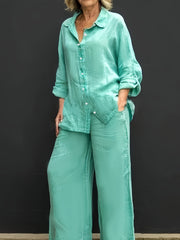 Women's Casual Two-Piece Set Solid Color Button-Up Shirt and Wide-Leg Pants Polyester Blend