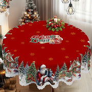 Christmas Tablecloth with Santa Snowman and Tree Patterns Polyester for Round and Rectangular Tables