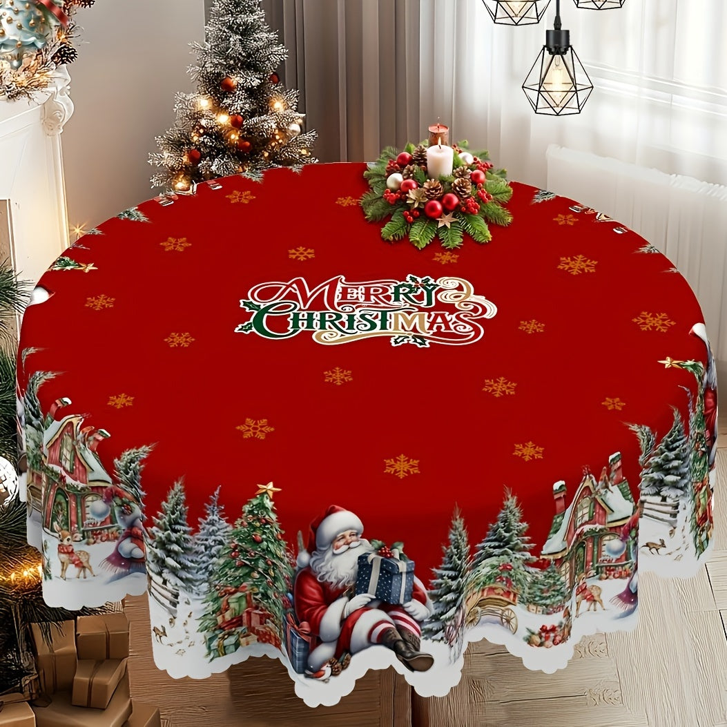 Christmas Tablecloth with Santa Snowman and Tree Patterns Polyester for Round and Rectangular Tables