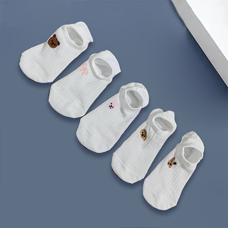 Kids Ankle Socks Pack of 5-10 Breathable Polyester Blend with White Stripes and Cute Animal Designs