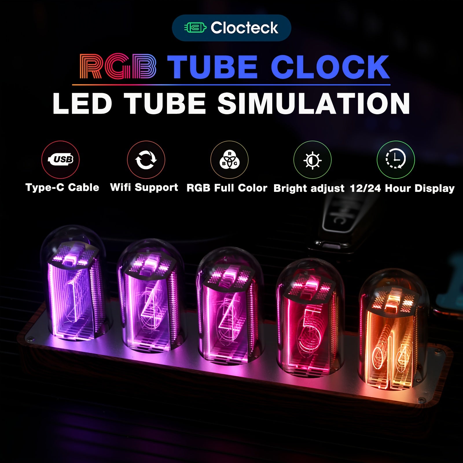 Digital Nixie Tube Clock with Wi-Fi Calibration Alarm and RGB Display in Walnut Finish